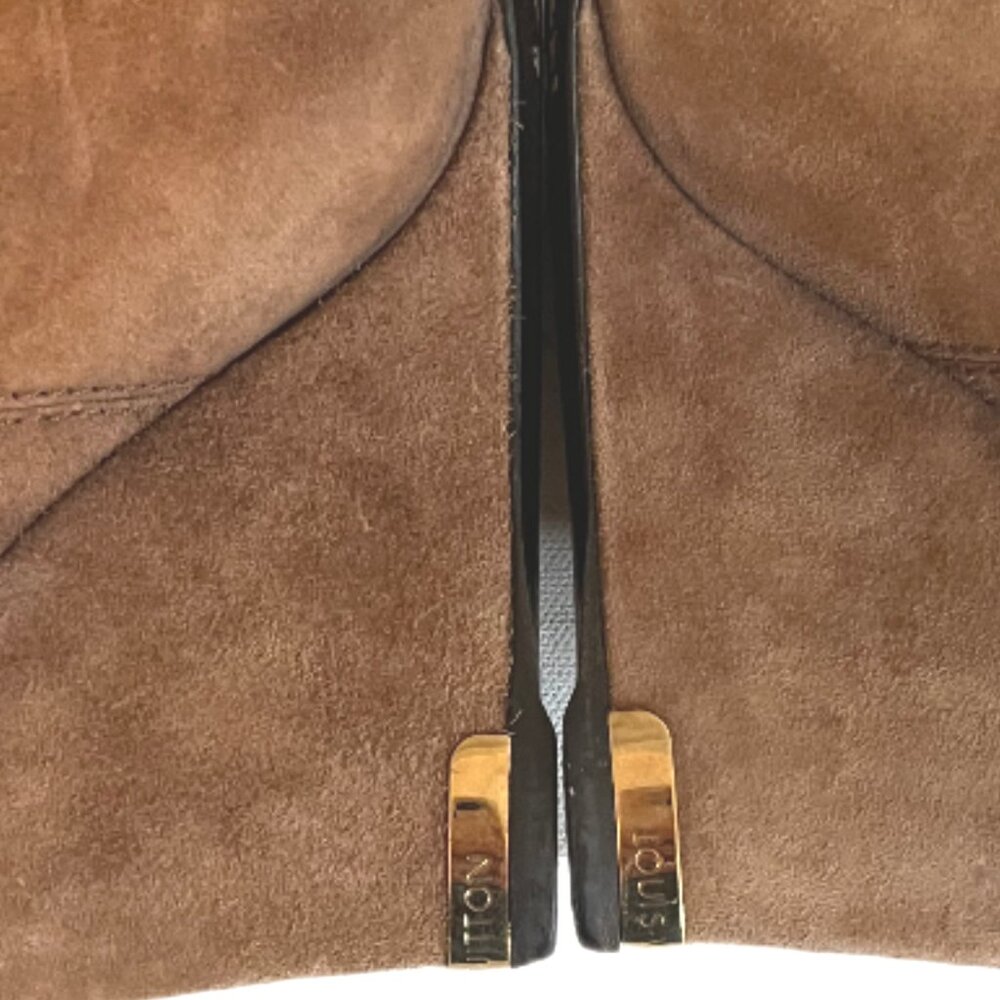 Louis Vuitton Camel Suede Slouch Wedge Boots Gold Metal Logo on Heels Size  37/7 - Picture 12 of 14